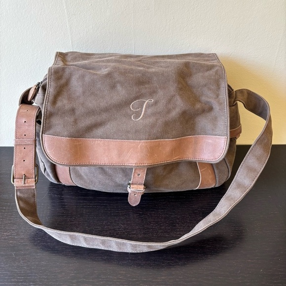 LL Bean Vintage Leather and Tan Canvas Messenger Crossbody Laptop Bag - Picture 1 of 14